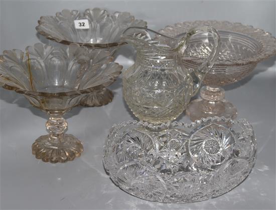 2 glass comports, jug etc